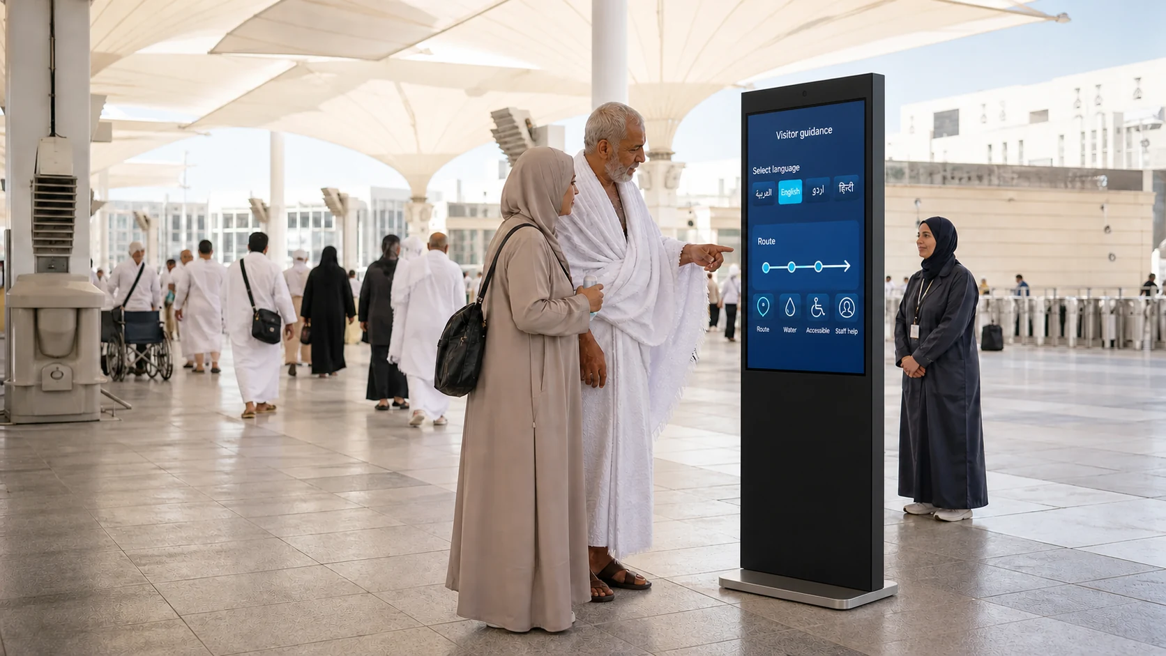 A terminal guiding visitors at a large gathering
